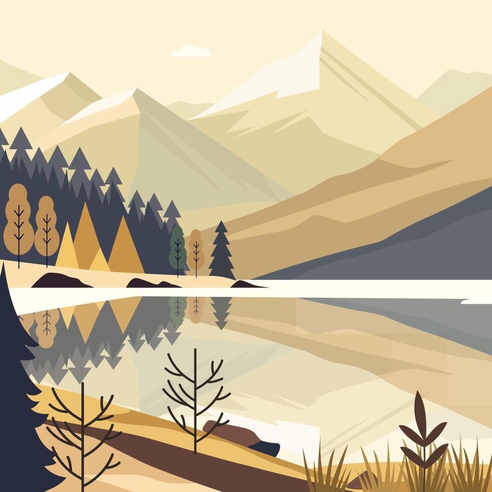 Rocky Mountain Scenery with Lake River and Pine Tree in Forest vector