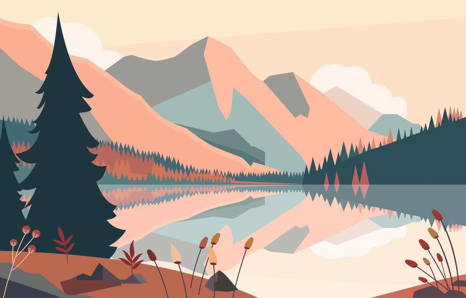 Beautiful Nature Landscape of Lake Mountain with Pine Tree in Forest vector