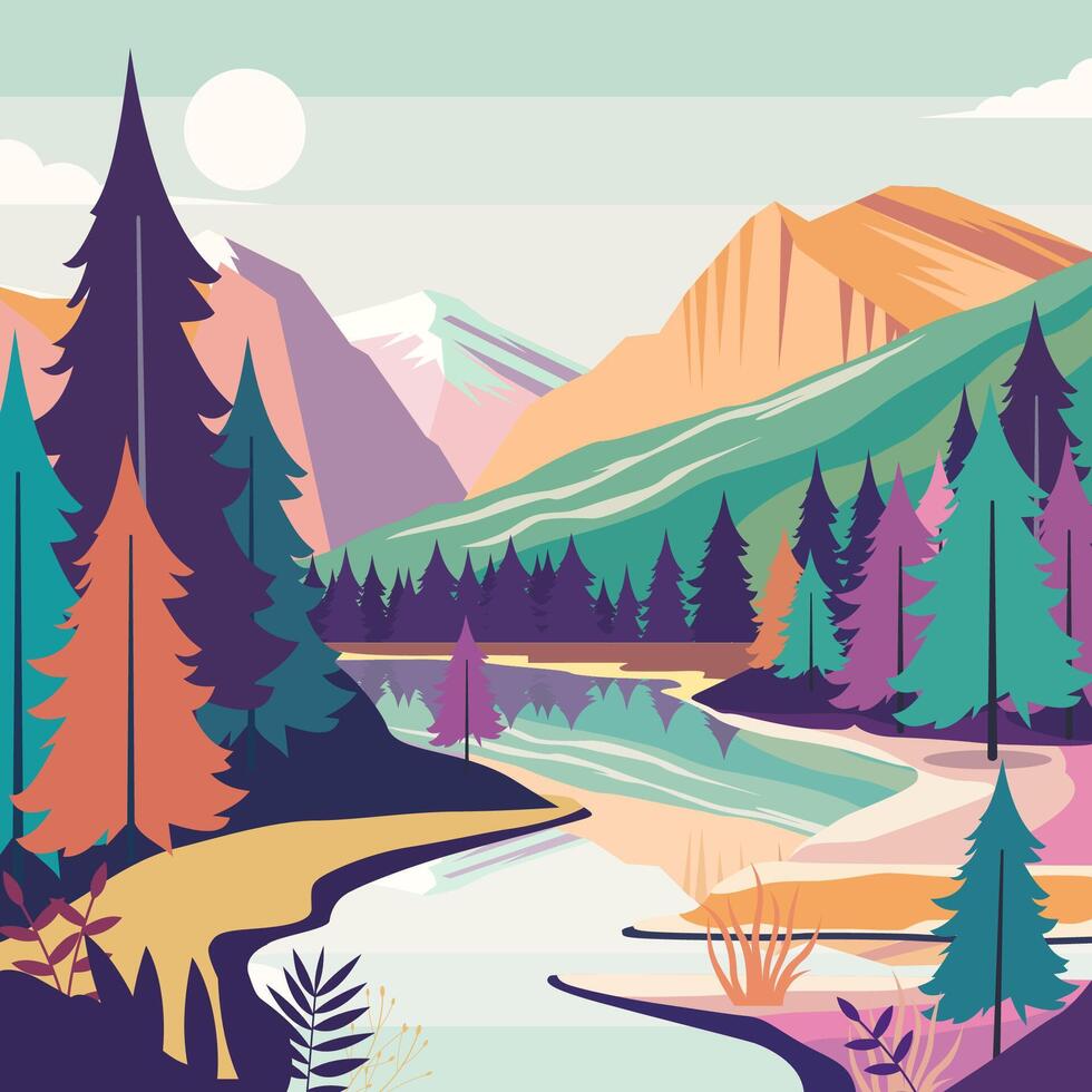 Colorful Nature View of River Mountain with Pine Tree in Forest on a Sunny Day vector
