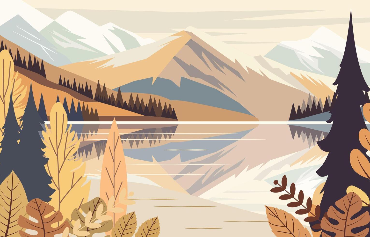 Beautiful Nature Landscape of Lake Mountain with Pine Tree in Forest vector