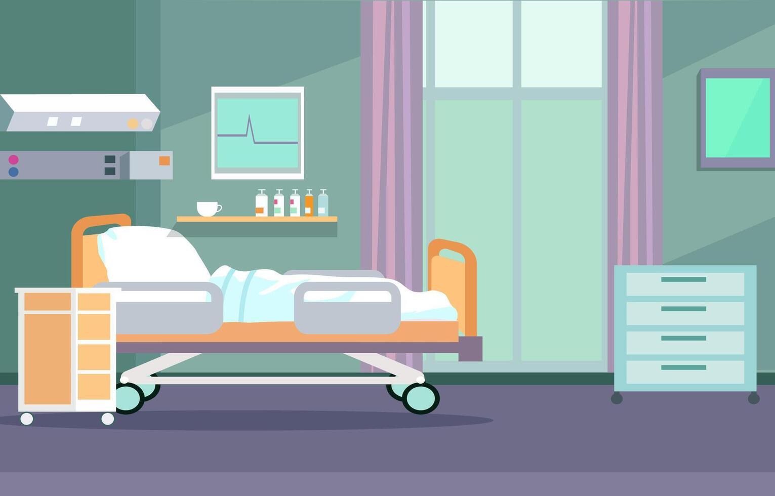 Colorful Hospital Inpatient Room with Bed and Health Medical Equipments vector