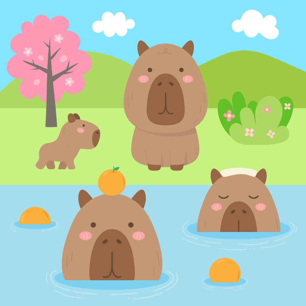 cute sweet hand drawn capybara chilling in the hot spring illustration vector