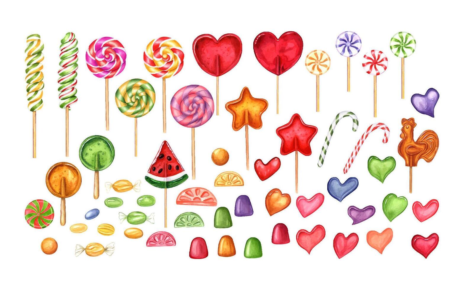 Candies of different colors and shapes. Lollipops in the shape of star and heart. Caramel for Xmas and Halloween. Lollipops cockerel, gummy, spiral candies. Sweet snack. Watercolor illustration vector