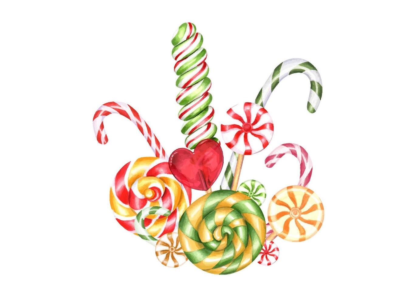 Candy bouquet. Candy cane, spiral caramels, heart shape lollipop and bonbons with striped swirls. Sweetness multicolored dessert of various shape and taste. Watercolor illustration for gift decor vector