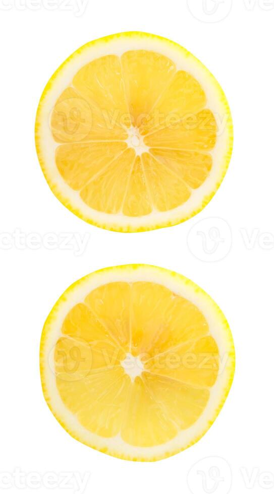 Top view set of beautiful yellow lemon halves isolated on white background with clipping path photo