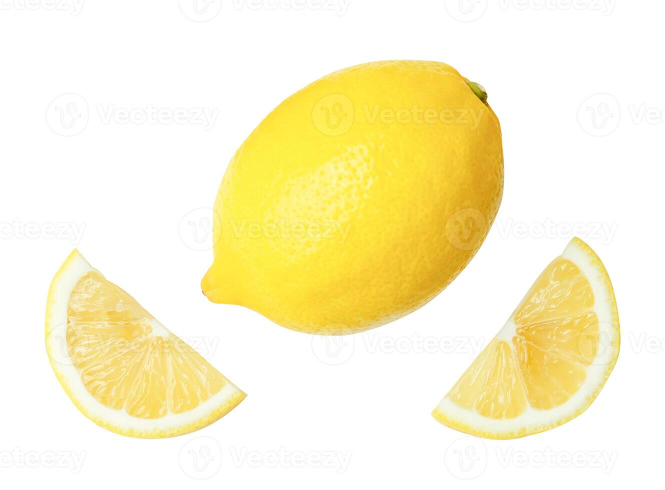 Top view set of fresh yellow lemon fruit with slices or quarter scattering isolated on white background with clipping path photo