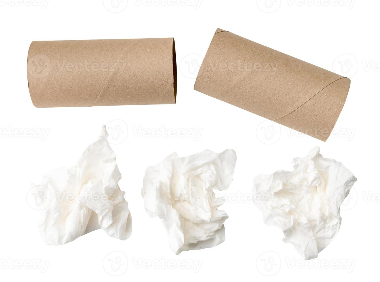 Top view set of screwed or crumpled tissue paper balls with cores after use in toilet or restroom isolated on white background with clipping path photo