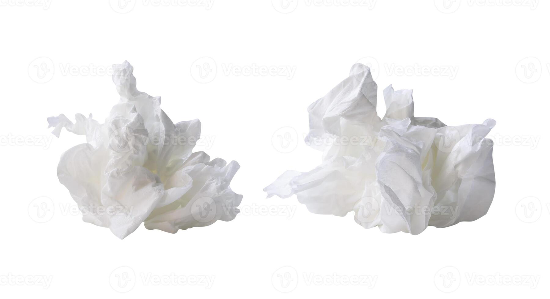 Front view set of screwed or crumpled tissue paper balls after use in toilet or restroom isolated on white background with clipping path photo
