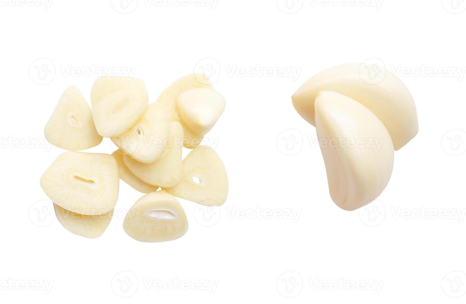 Top view set of peeled garlic cloves with slices or pieces in stack isolated on white background with clipping path photo