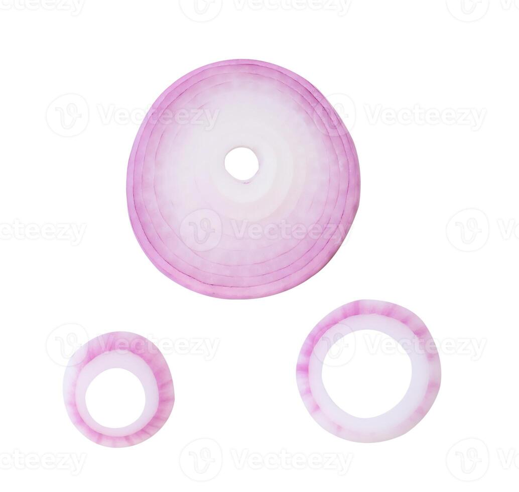 Top view set of red or purple onion slices or onion rings scattered isolated on white background with clipping path photo