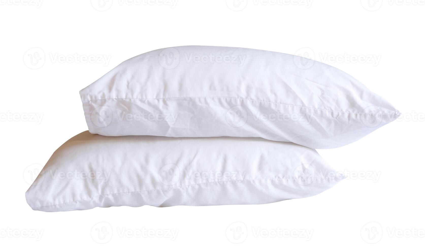Side view of two wrinkled white pillows with case in stack isolated on white background with clipping path photo