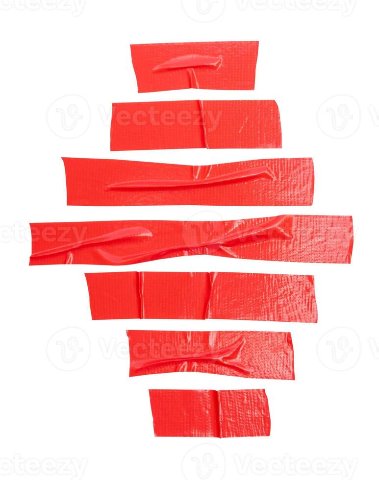 Top view set of wrinkled red adhesive vinyl tape or cloth tape in stripes shape isolated on white background with clipping path photo