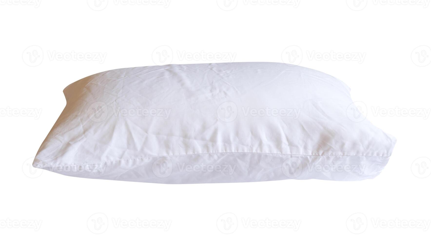 Side view of white pillow with case after guest use in hotel or resort room isolated on white background with clipping path photo