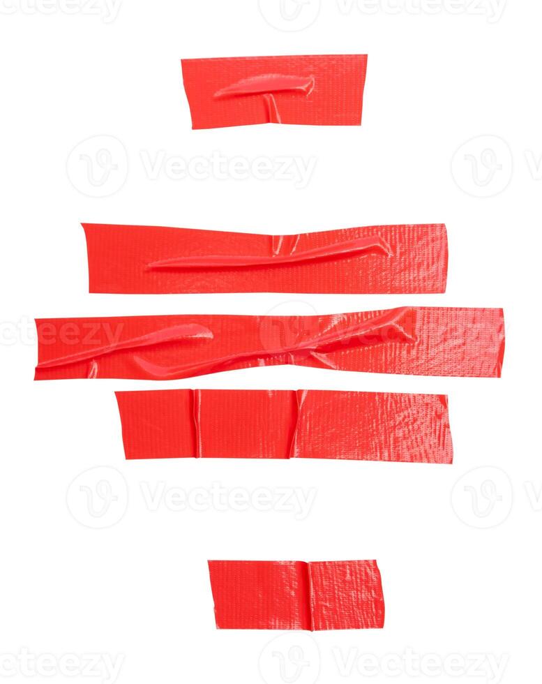 Top view set of wrinkled red adhesive vinyl tape or cloth tape in stripes shape isolated on white background with clipping path photo