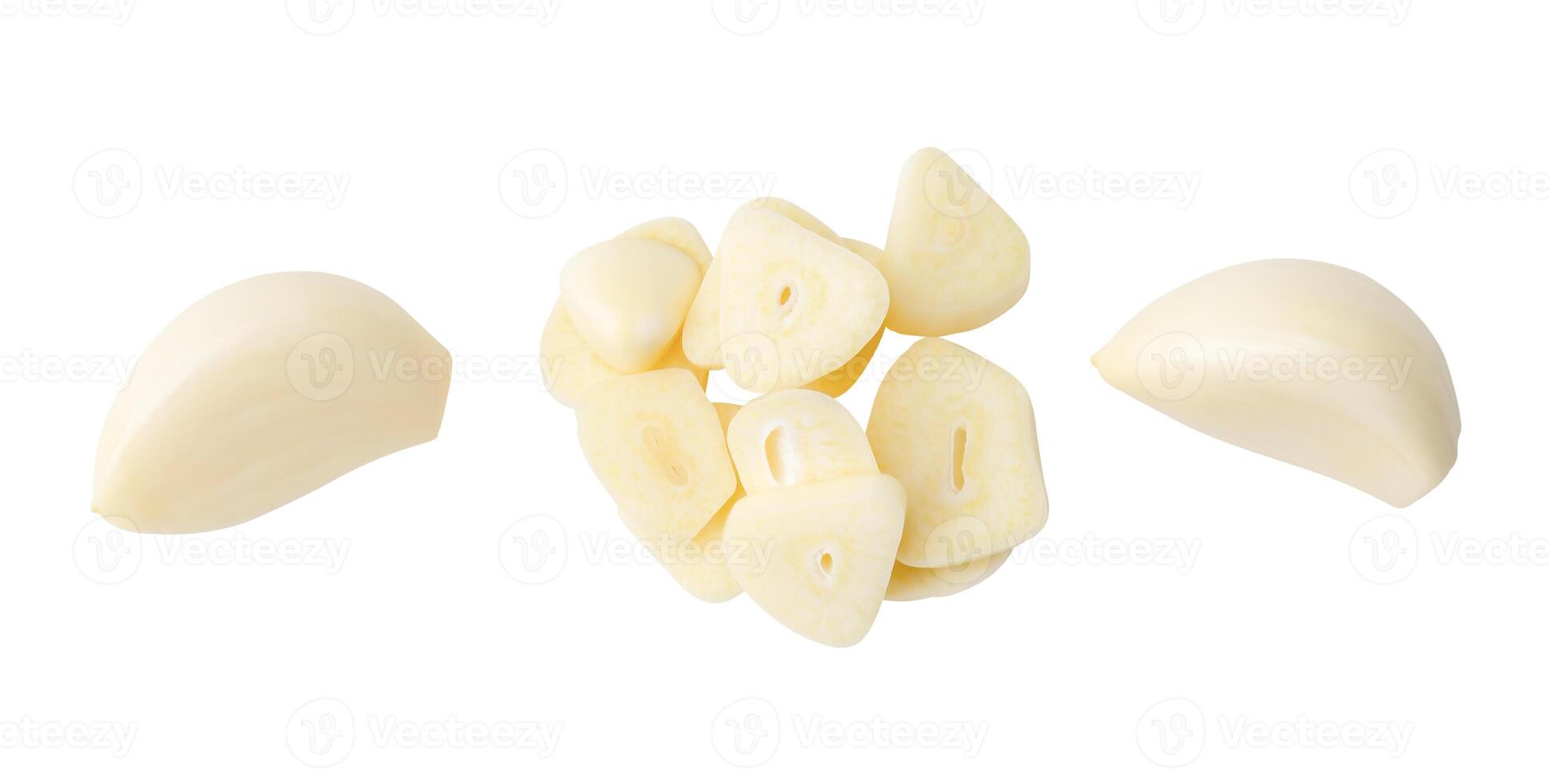 Top view set of peeled garlic cloves and slices or pieces in stack isolated on white background with clipping path photo