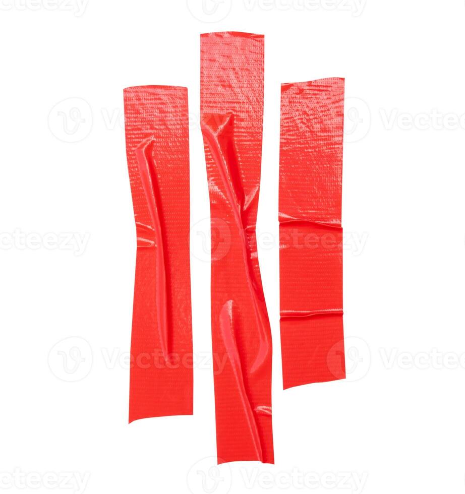 Top view set of wrinkled red adhesive vinyl tape or cloth tape in stripes shape isolated on white background with clipping path photo