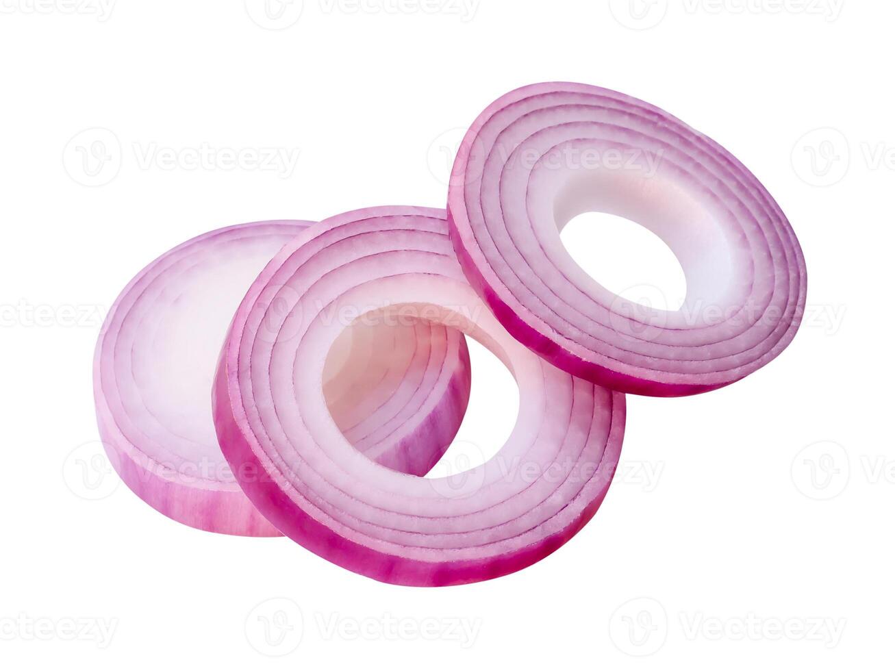 Top view of red or purple onion rings or slices in stack isolated on white background with clipping path photo
