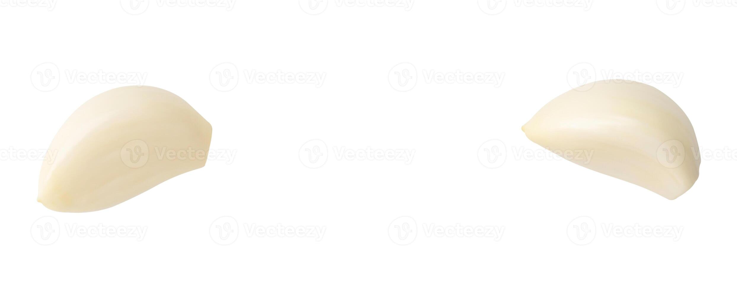 Top view set of peeled garlic cloves or pieces isolated on white background with clipping path photo