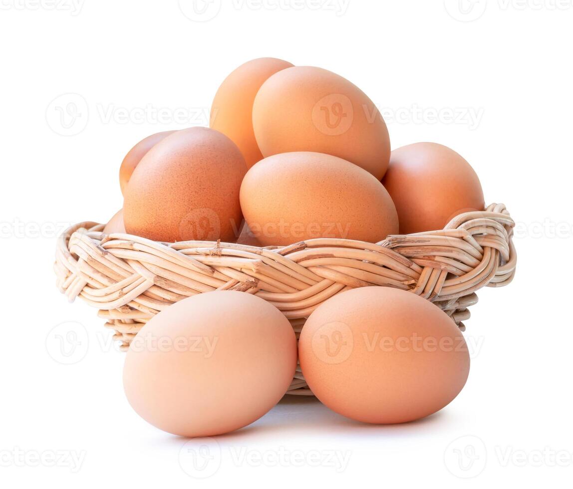 Front view of fresh brown chicken eggs in stack in woven bamboo basket isolated on white background with clipping path photo