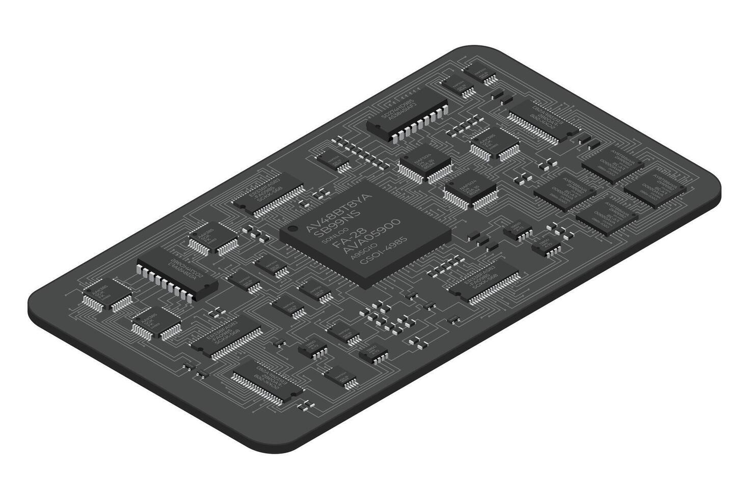 Isometric electronic board. Isometric printed circuit board with electronic components. Electronic components and integrated circuit board vector