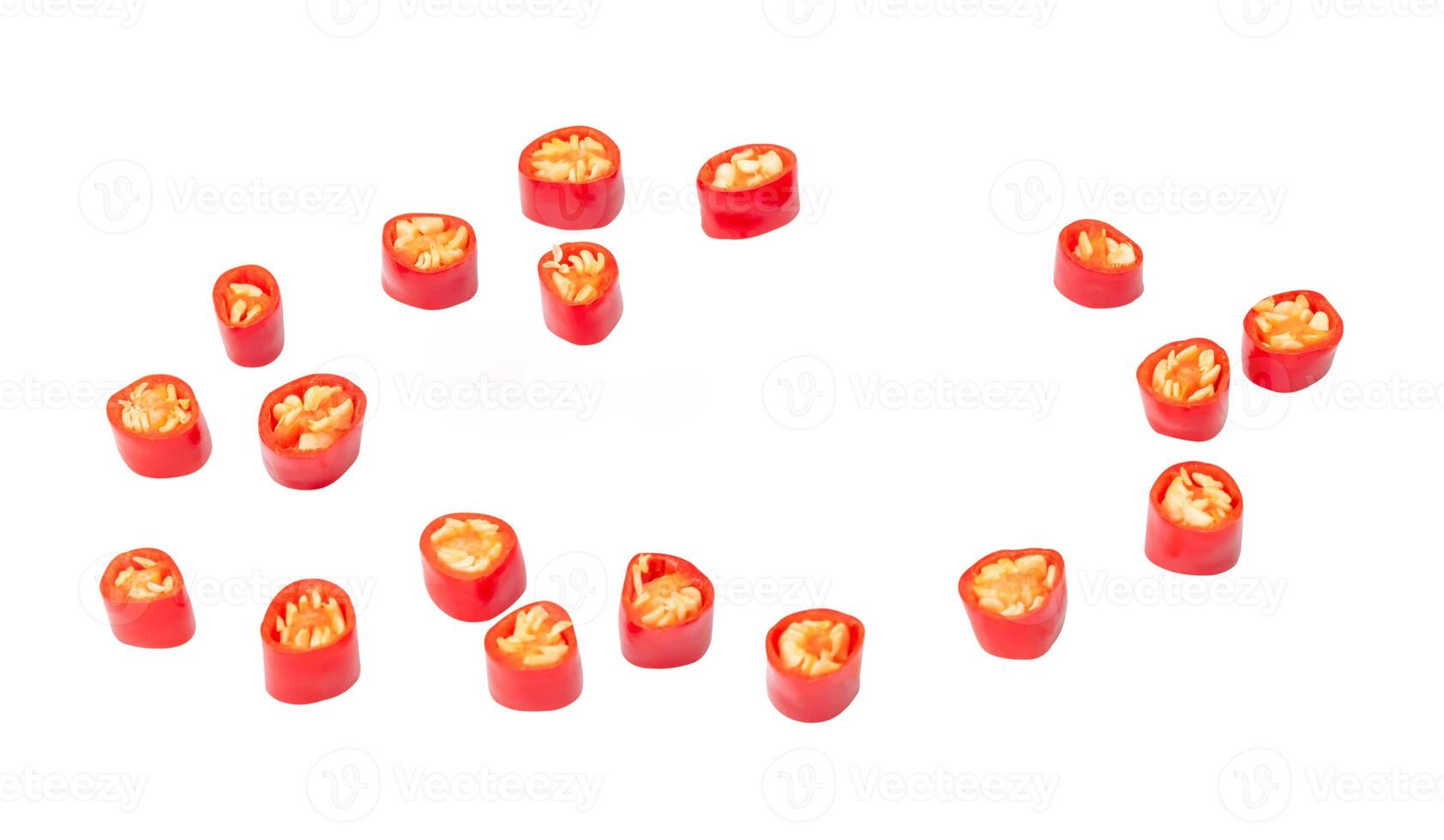 Top view set of red chili pepper or cayenne pepper in slices isolated on white background with clipping path photo
