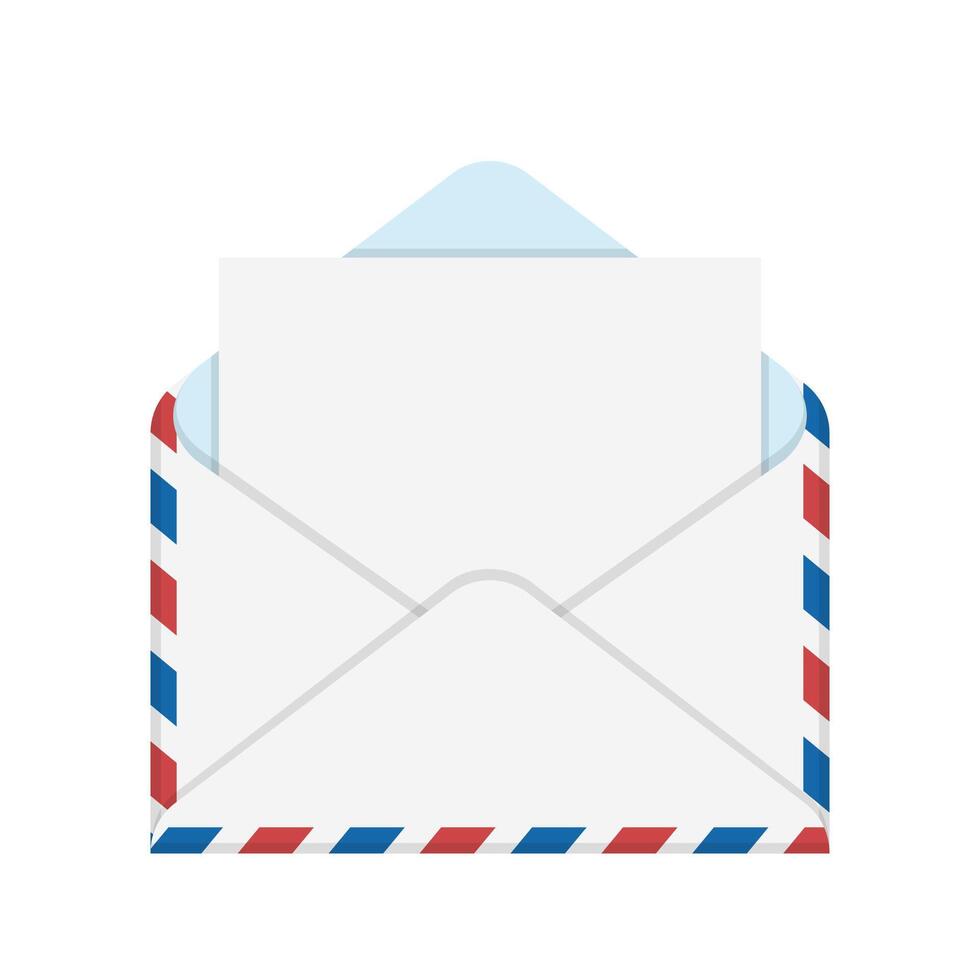 Opened mail envelope and blank letter paper, cartoon isolated illustration vector