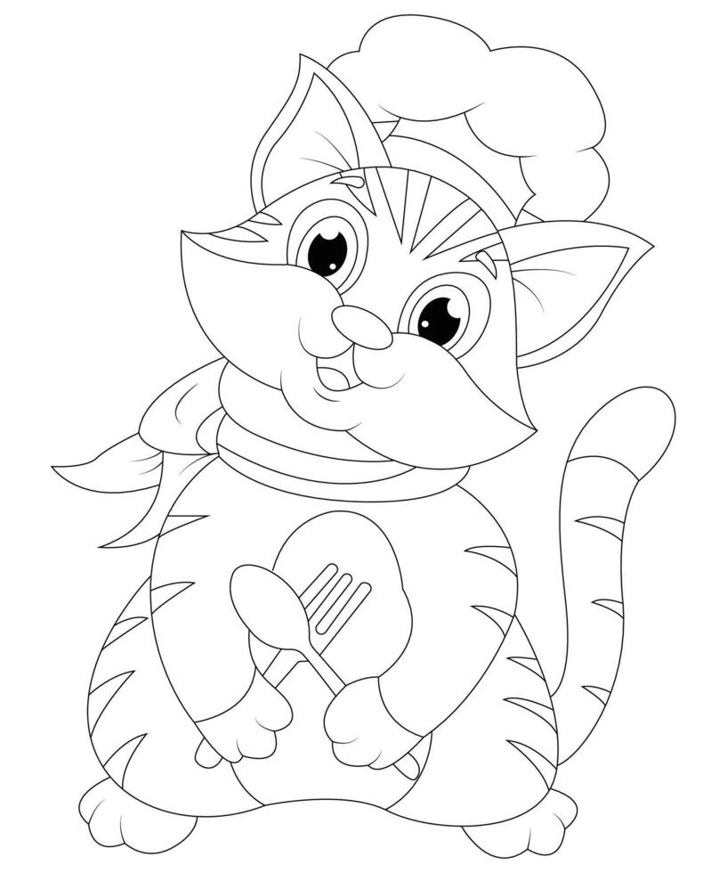 Unique Cat coloring page for kids and adults. camping coloring book page for children. vector
