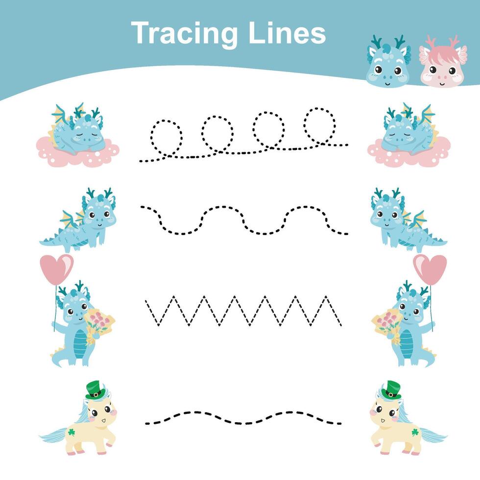Tracing lines activity for children. Tracing lines worksheet for kids. Learning activity vector