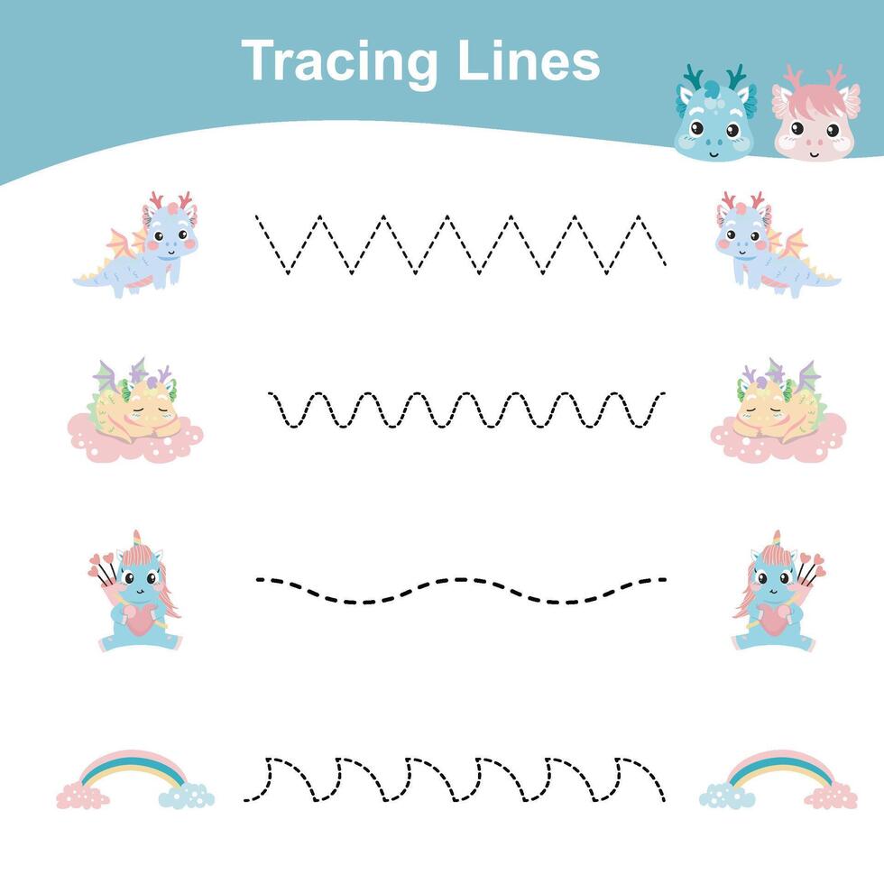 Tracing lines activity for children. Tracing lines worksheet for kids. Learning activity vector