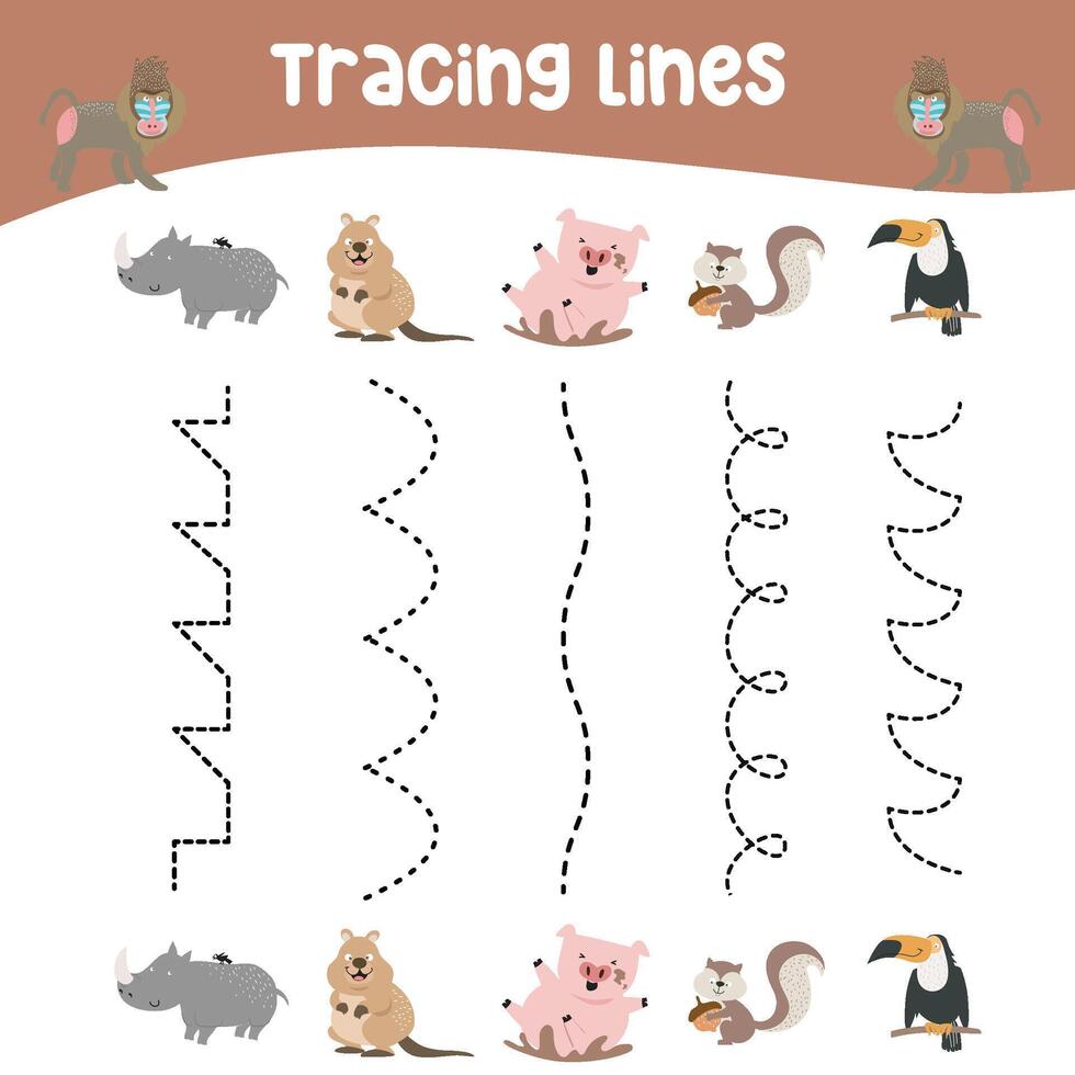 Tracing lines activity for children. Tracing lines worksheet for kids. Learning activity vector