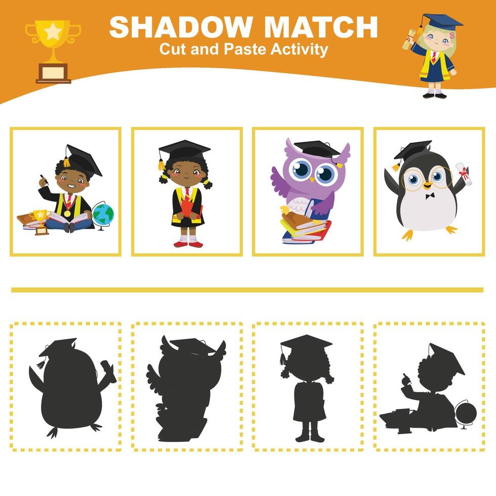 Printable worksheet for children. Shadow matching worksheet for learning about shadow. Motoric activity for kid. vector