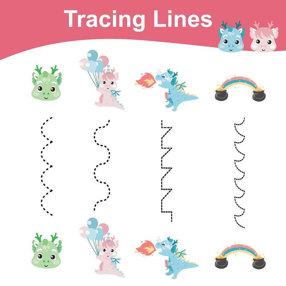 Tracing lines activity for children. Tracing lines worksheet for kids. Learning activity vector