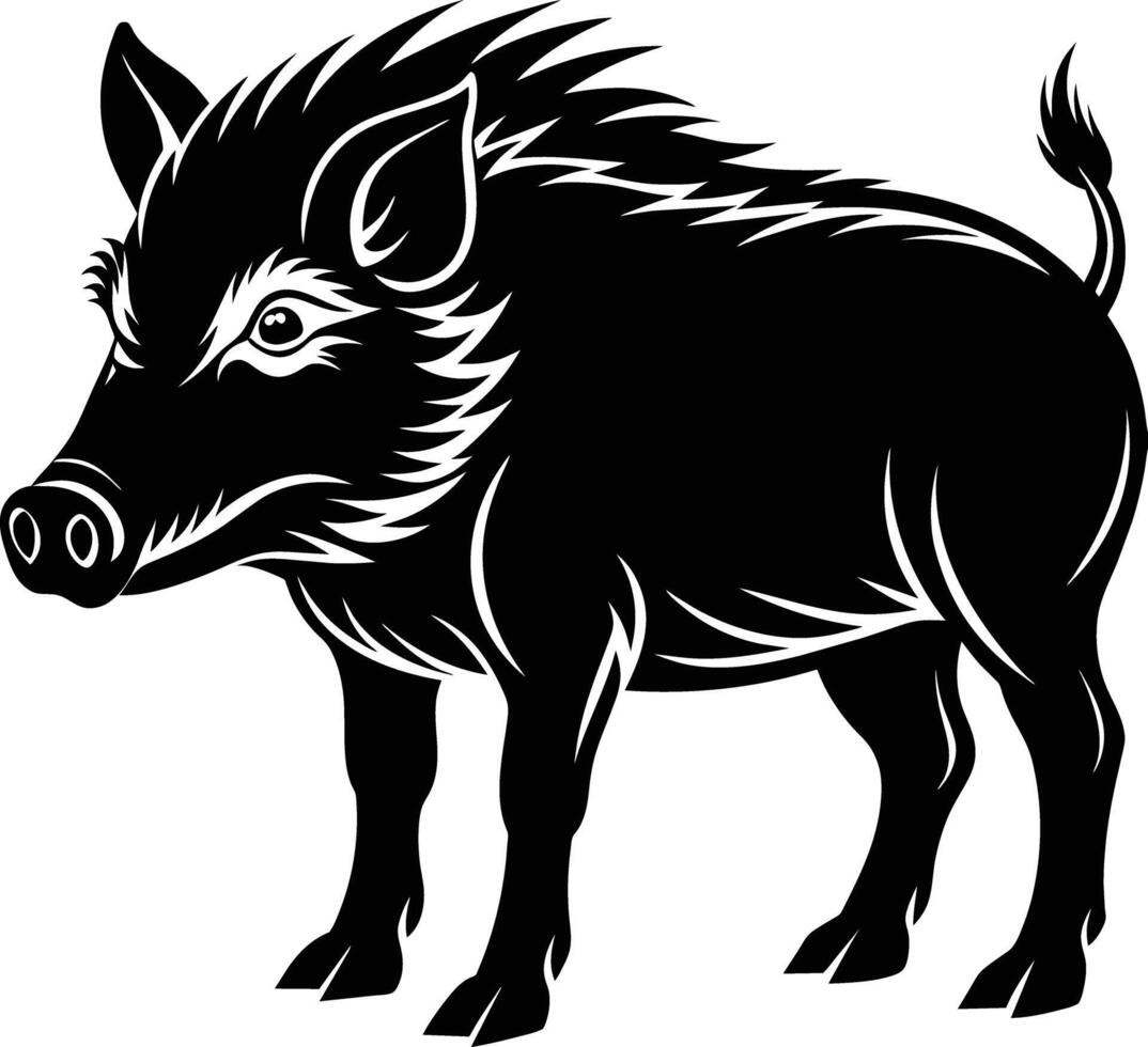 Black and white illustration of a wild boar vector