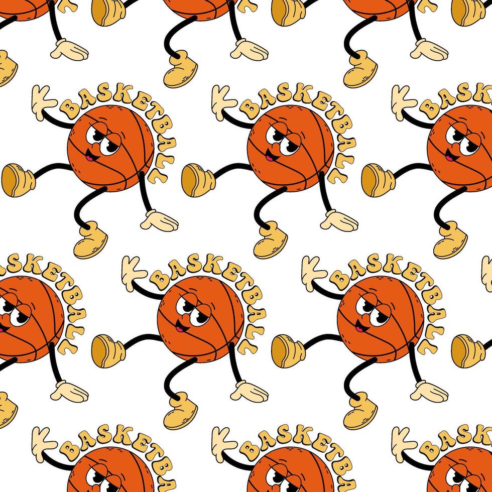 Pattern with funny basketball ball character in flat style. Cartoon basketball ball. Pattern for textile, wrapping paper, background. Basketball. vector