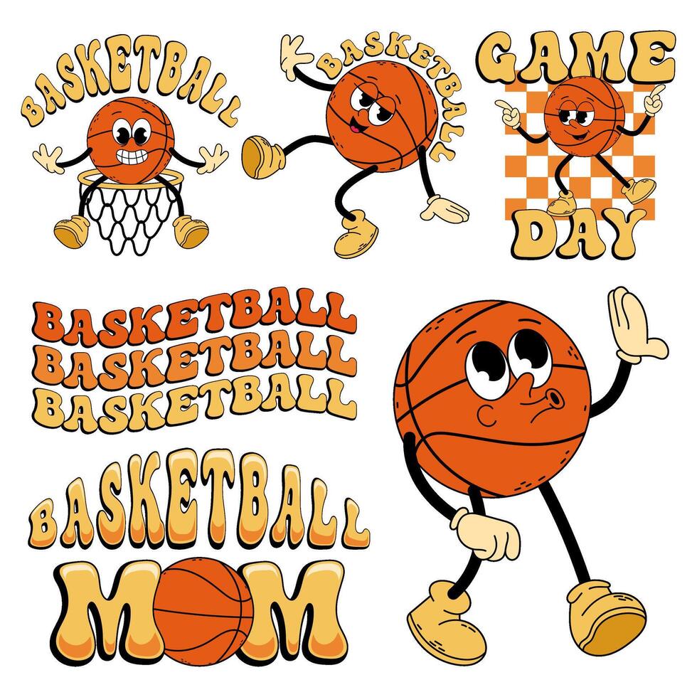 Cartoon character of basketball ball in retro style. Set of illustrations in flat style. Basketball. Funny trendy retro style groovy basketball character. Lettering, game day. vector