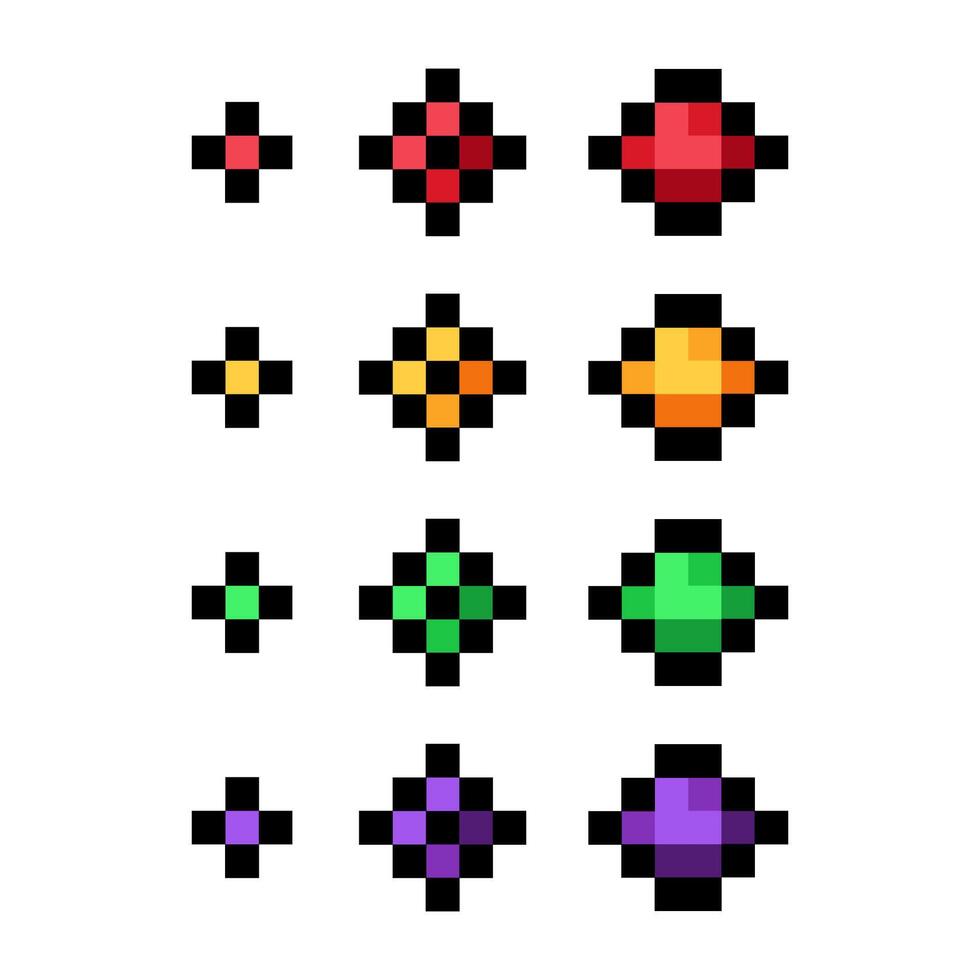 Pixel sparkle set. Shiny stars pixel art colored icon set. 8-bit sparkle. Pixelated stars. Sparkling stars pixel art different colors. vector