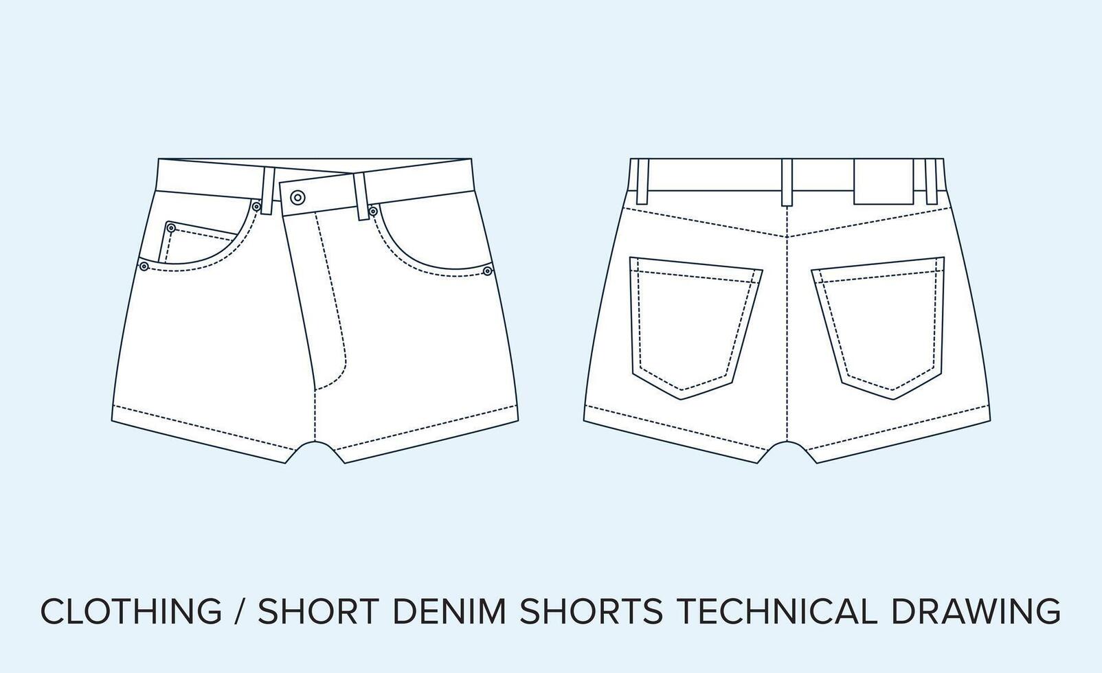 Denim Shorts with Pockets, Technical Drawing, Apparel Blueprint for Fashion Designers vector