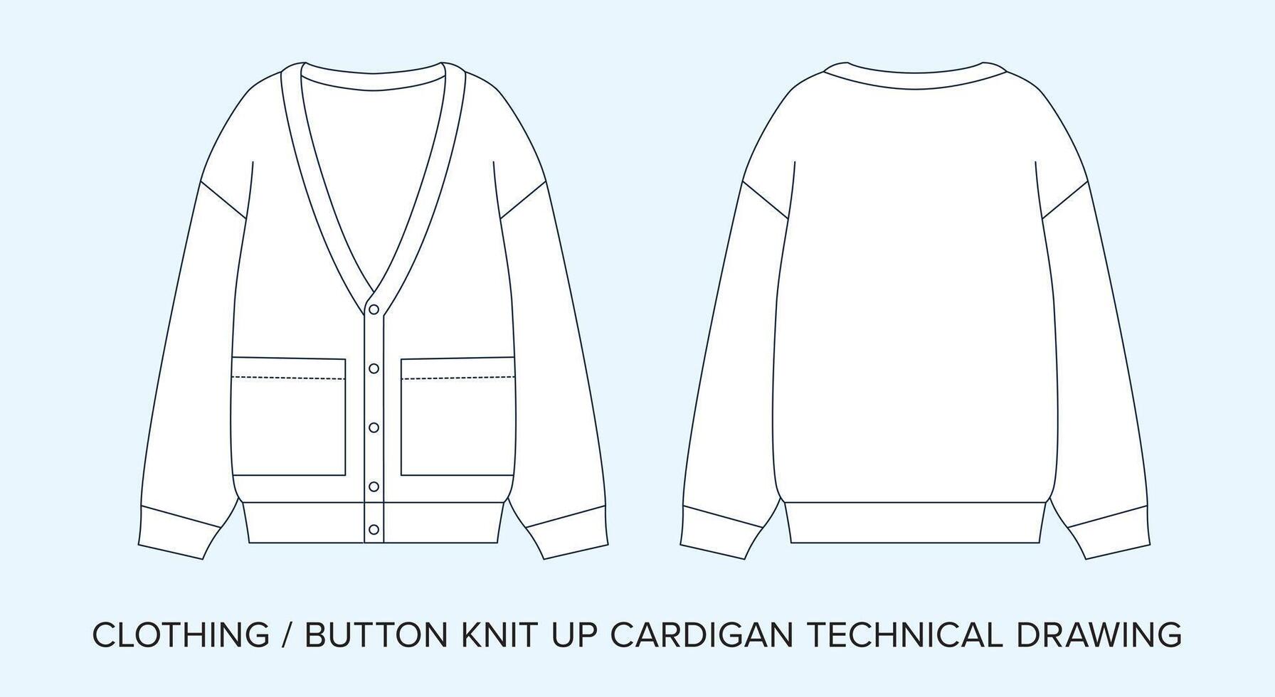 Button Knit Up Cardigan, Technical Drawing, Apparel Blueprint for Fashion Designers vector