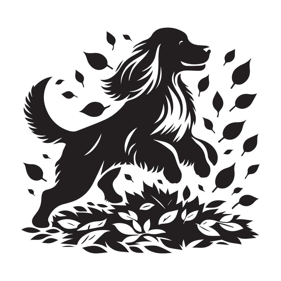 Dog - A Cocker Spaniel Playing in a pile of fall leaves illustration vector