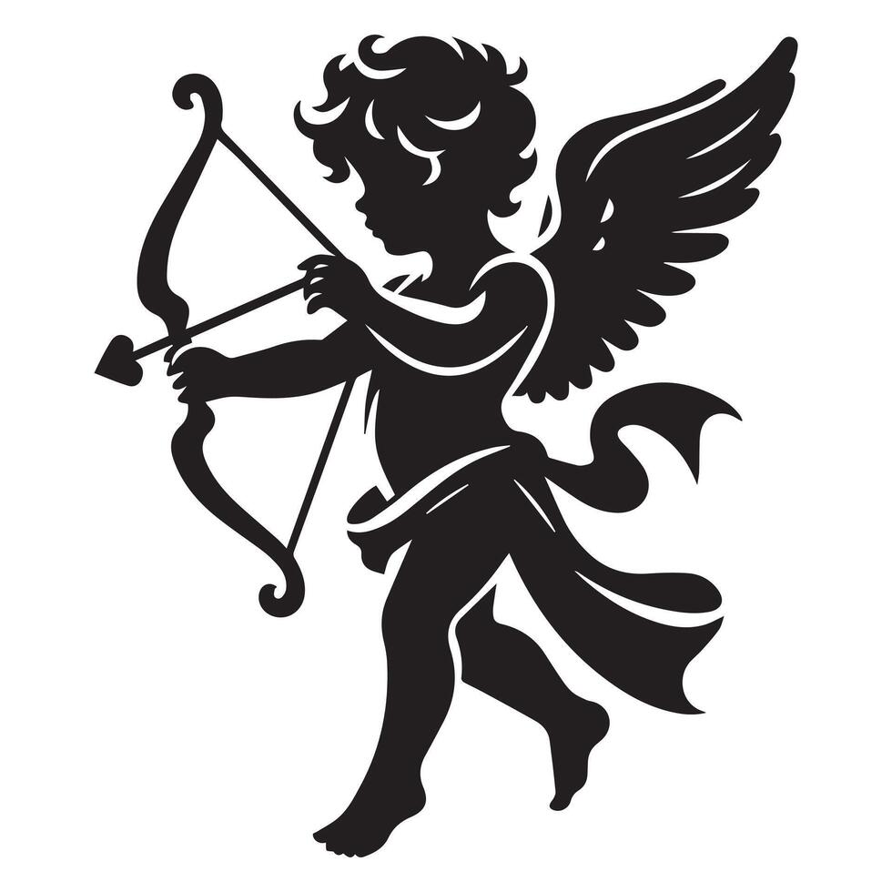 illustration of a cupid baby with bow and arrow in black and white vector