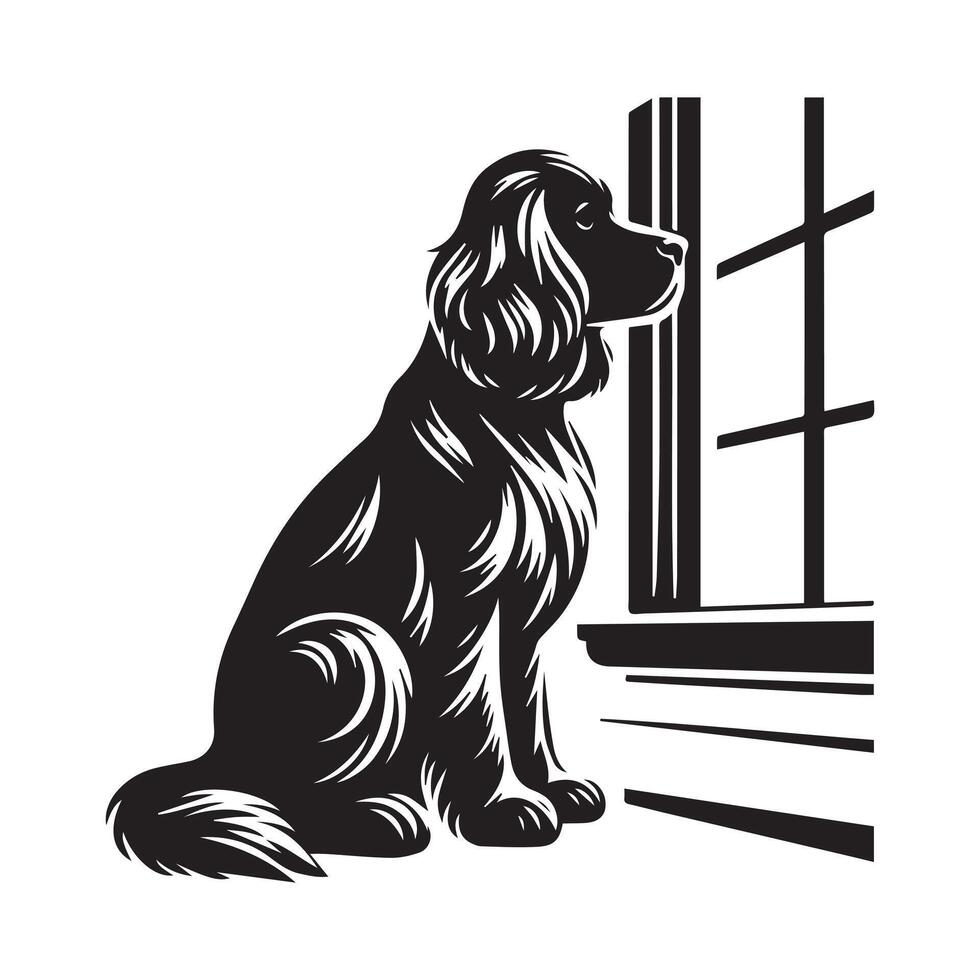 Cocker Spaniel - Cocker Spaniel Looking Out Window illustration in black and white vector