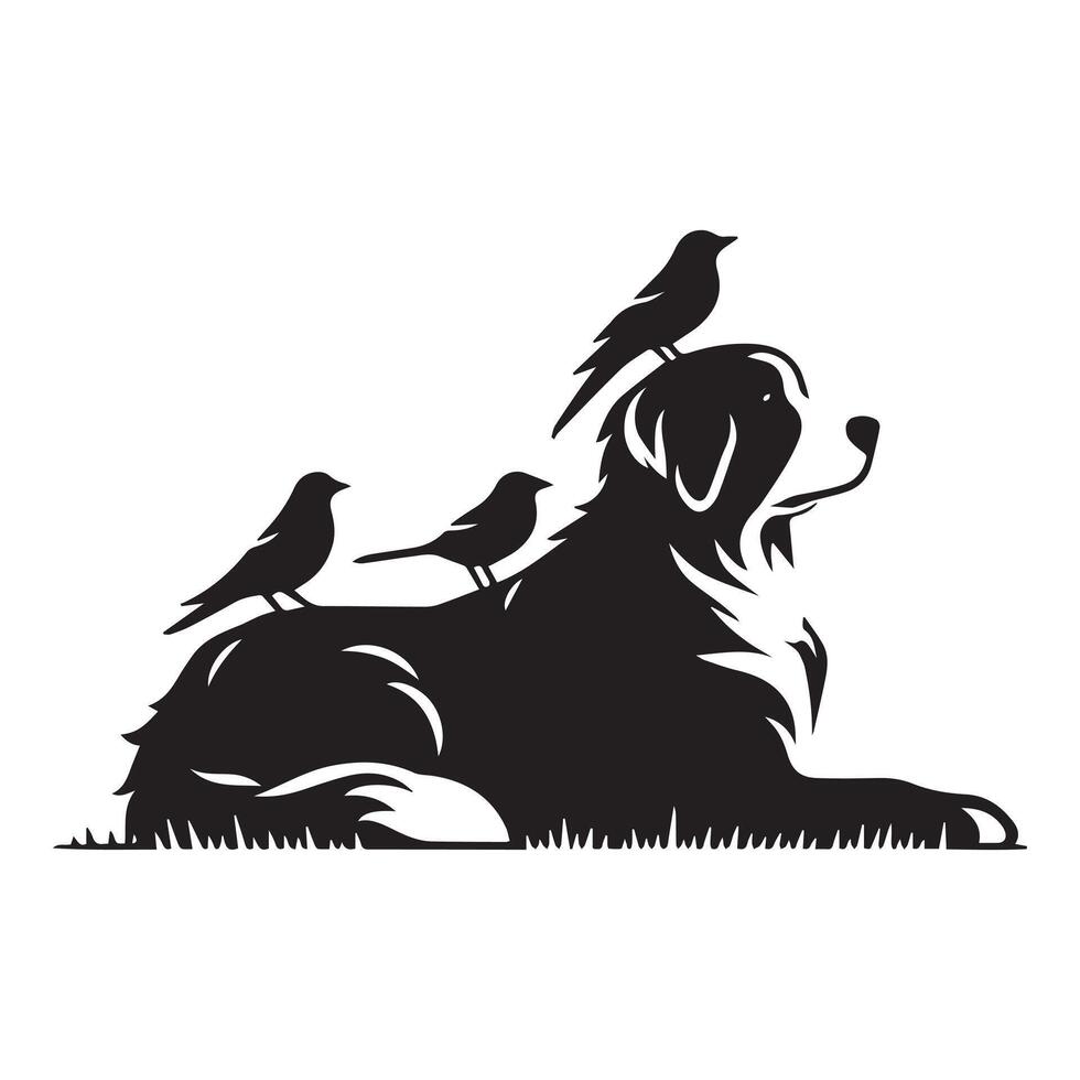 Dog - Serene Bernese Mountain Dog with Birds illustration in black and white vector