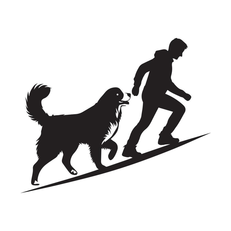 the dog is climbing the mountain with its owner illustration vector