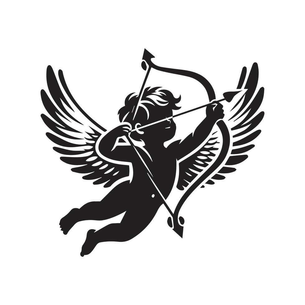 illustration of a cupid baby Holding an Arrow in black and white vector