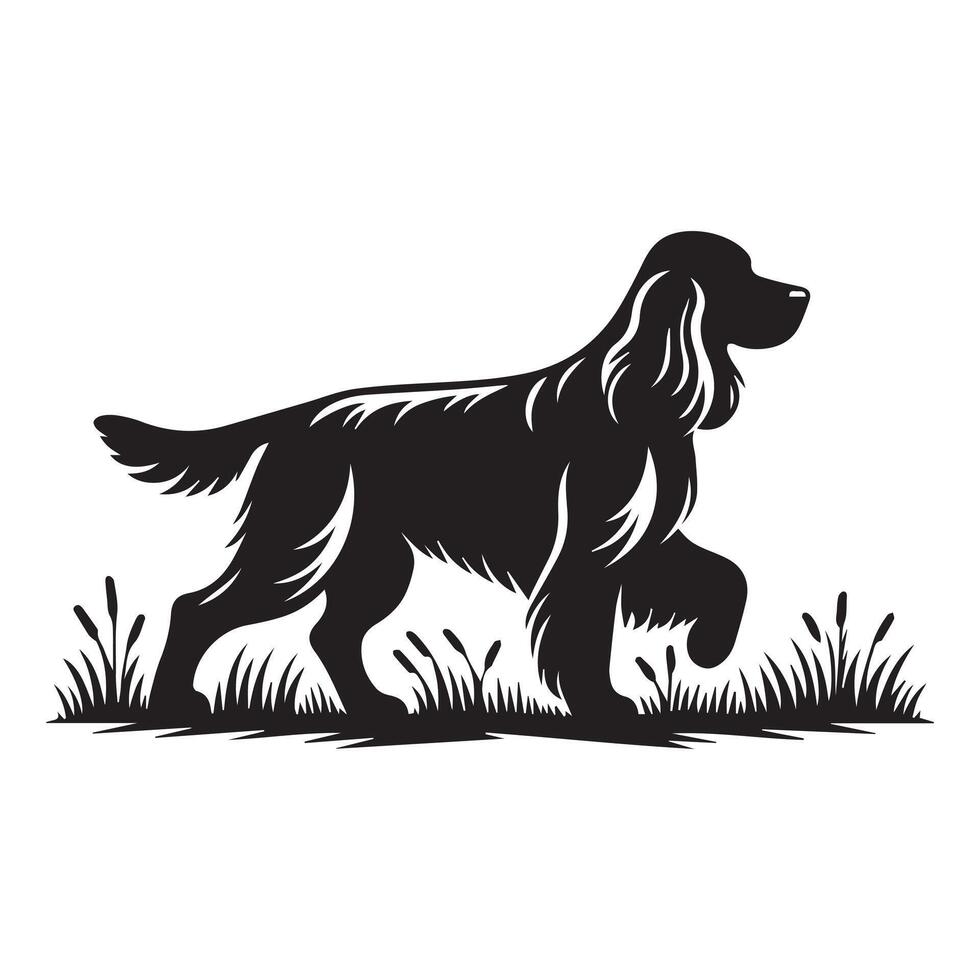 Dog - Cocker Spaniel Walking Through Meadow illustration in black and white vector