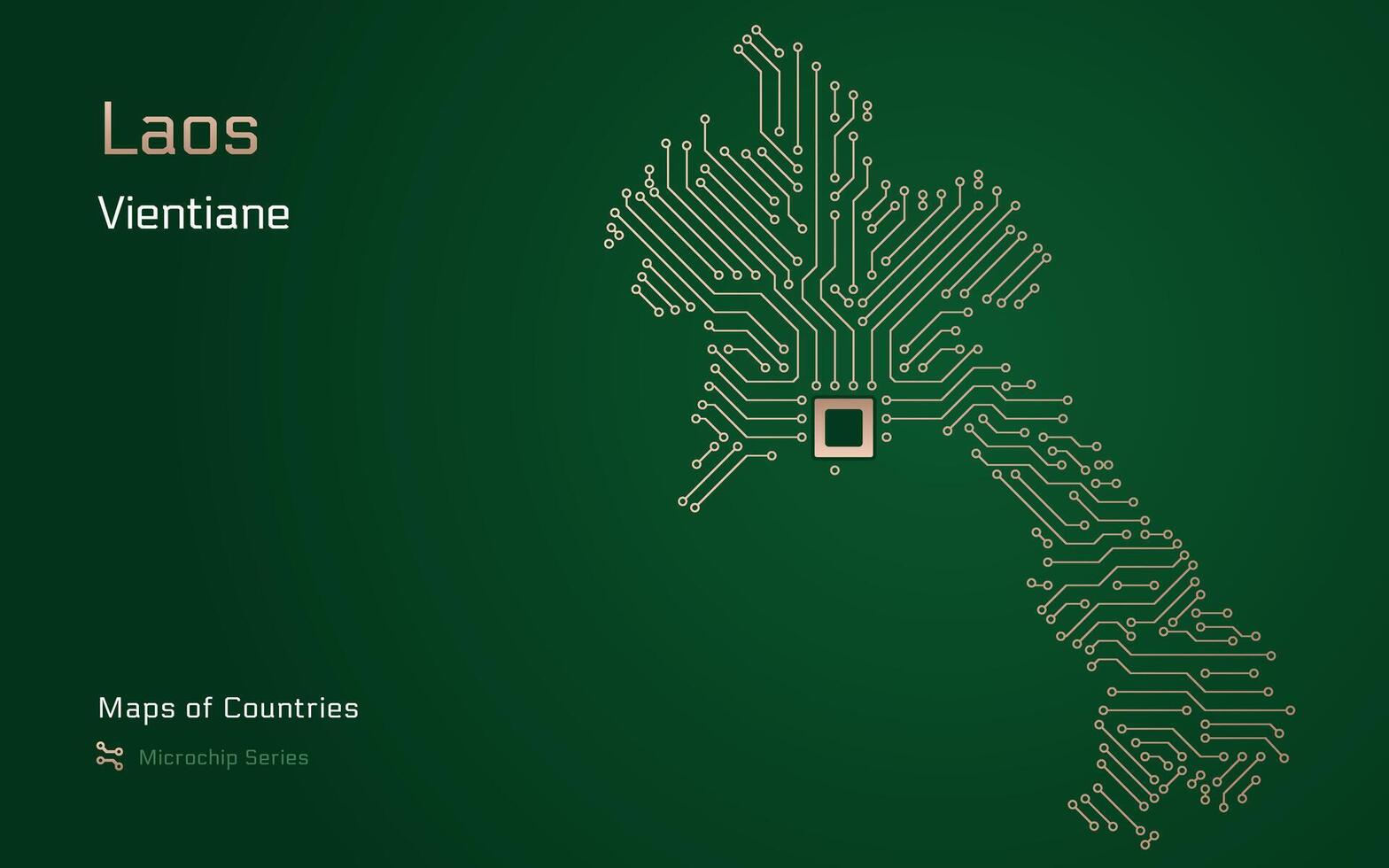 Laos Map with a capital of Vientiane Shown in a Microchip Pattern with processor. E-government. World Countries maps. Microchip Series vector