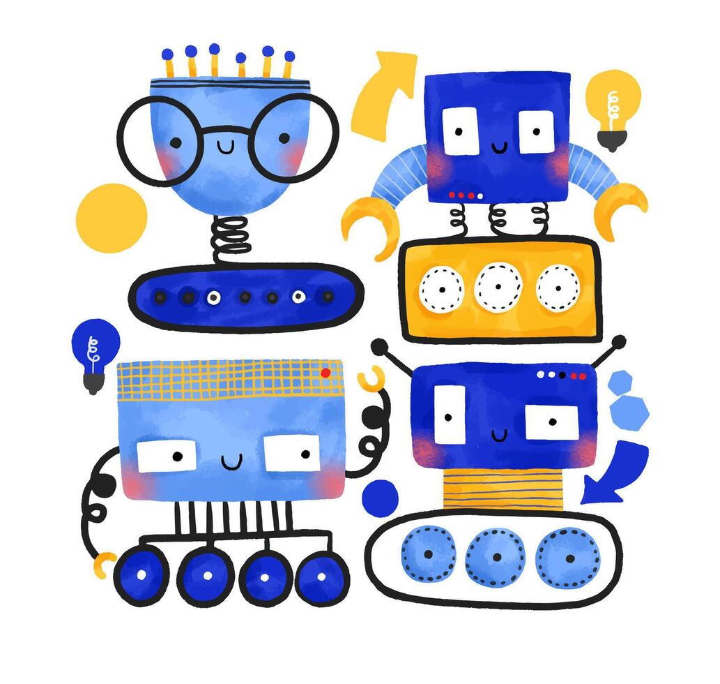 set of funny cartoon robots. Colored humanoid machine. Hand draw vector