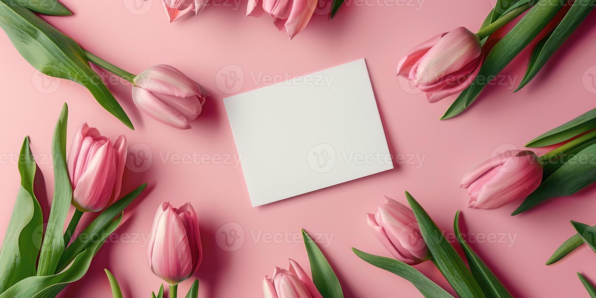 rosado tulipán tarjeta Bosquejo flatlay diseño, ai foto