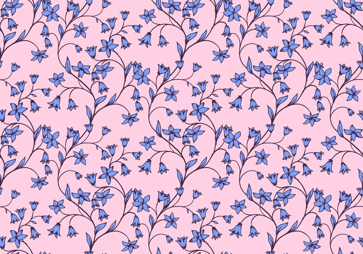Abstract artistic blue wild floral stems intertwined in a seamless pattern. hand drawing. Creative branches with tiny ditsy flowers, bells, small leaves printing on a pink background. vector