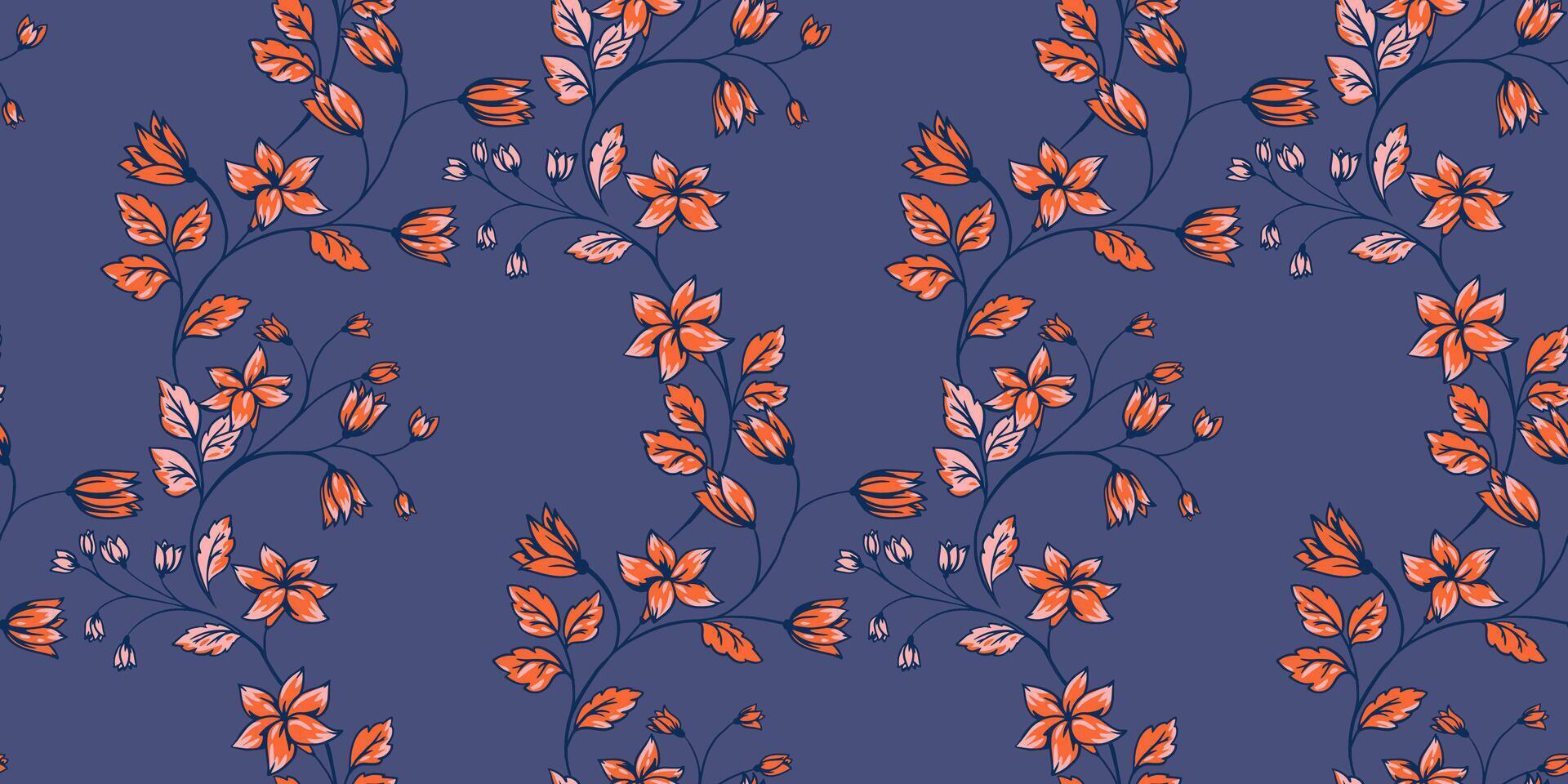 resumen artístico salvaje floral tallos sin costura modelo en un azul antecedentes. vistoso floreciente ramas con minúsculo flores, campanas, hojas entrelazados en impresión. mano plantilla.dibujada para diseño, tela vector